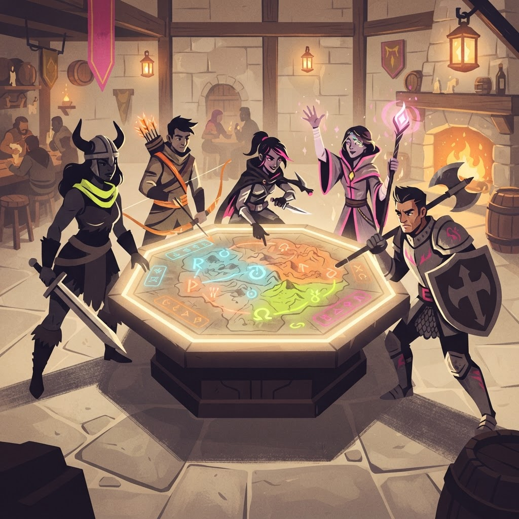 Fantasy heroes gathered around a strategy map