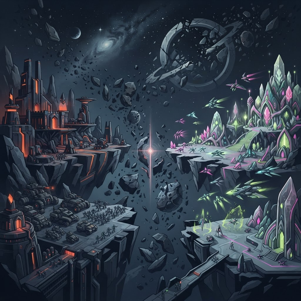 Rival sci-fi factions across shattered worlds