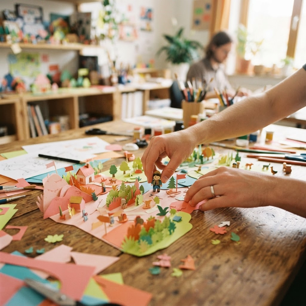 Hands arranging colorful game-world pieces on a table