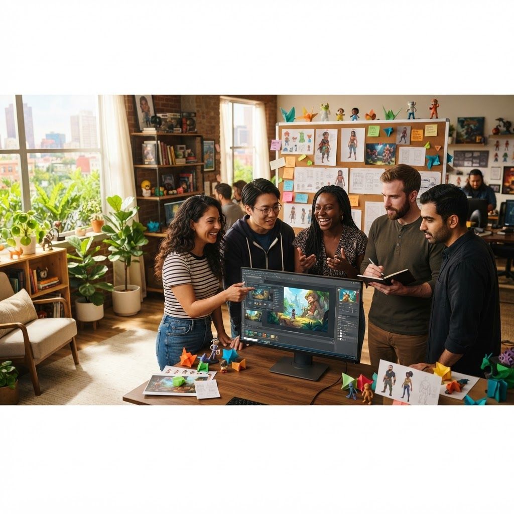 Game developers collaborating in a bright creative studio